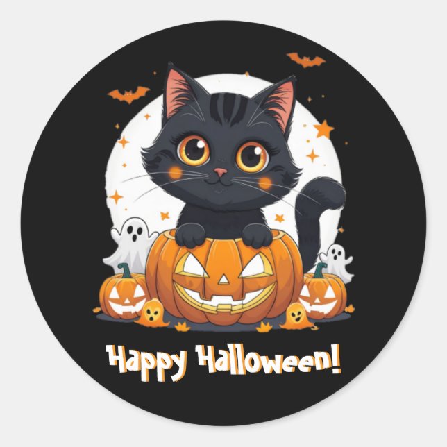 Niedliche Schwarze Katze Halloween-Aufkleber | Kaw Runder Aufkleber (Vorderseite)