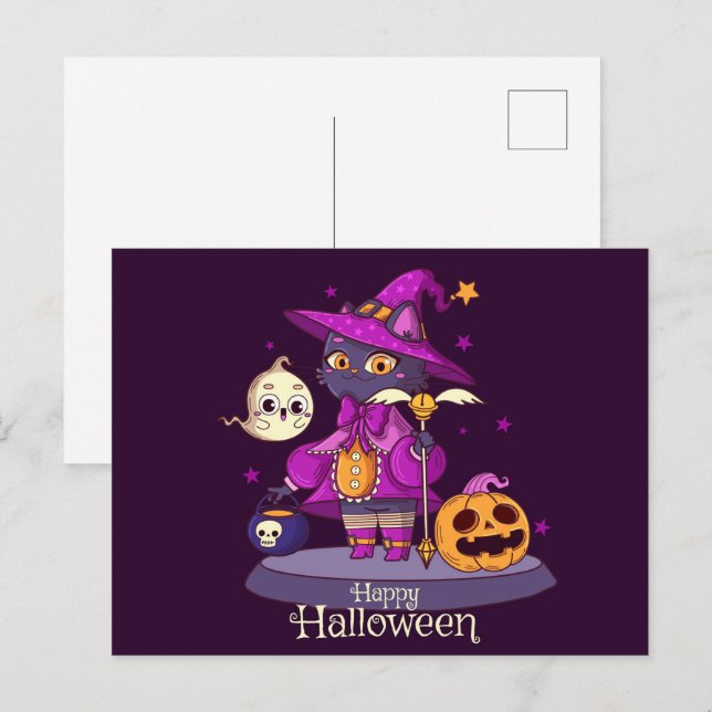 Niedliche Schwarze Katze Halloween Postkarte (Vorne/Hinten)