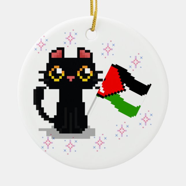 niedliche schwarze Katze hält Palästinenserflagge Keramik Ornament (Vorne)