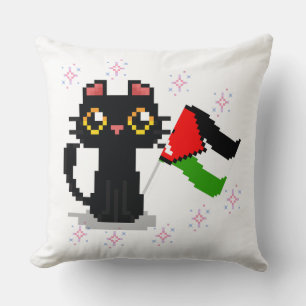 niedliche schwarze Katze hält Palästinenserflagge Kissen