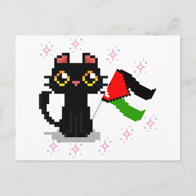 niedliche schwarze Katze hält Palästinenserflagge Postkarte (Vorderseite)
