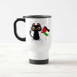 niedliche schwarze Katze hält Palästinenserflagge Reisebecher