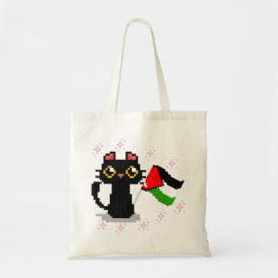 niedliche schwarze Katze hält Palästinenserflagge Tragetasche