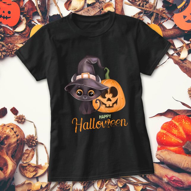 Niedliche schwarze Katze Happy Halloween Kürbis T-Shirt (Von Creator hochgeladen)