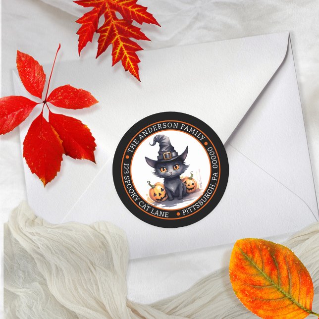 Niedliche Schwarze Katze | Hexenmeisterliche Rücks Runder Aufkleber (Cute Black Cat in a Witches Hat Circle Return Address Envelope Seal Classic Round Sticker)