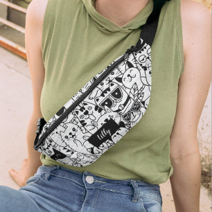 Niedliche Schwarze Katze Illustration Kitty Zeichn Bauchtasche