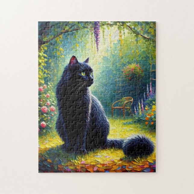 Niedliche Schwarze Katze im Gartenölgemälde Puzzle (Vertikal)