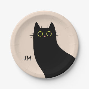 Niedliche schwarze Katze im Stil des Mitteljahrhun Pappteller