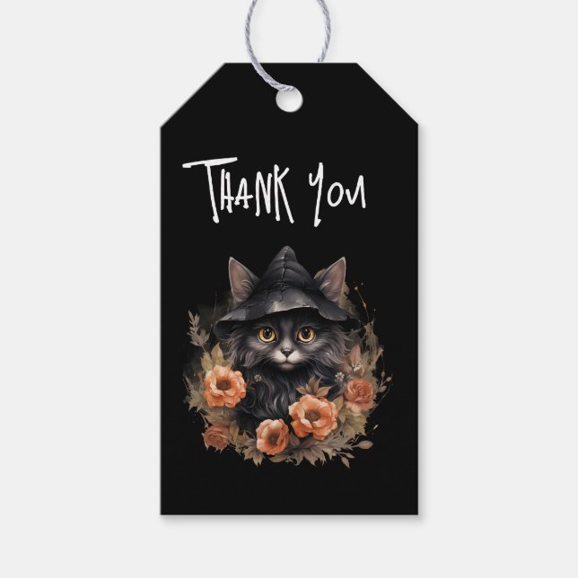 Niedliche schwarze Katze in einem Hexenhut Danke Geschenkanhänger (Vorderseite)