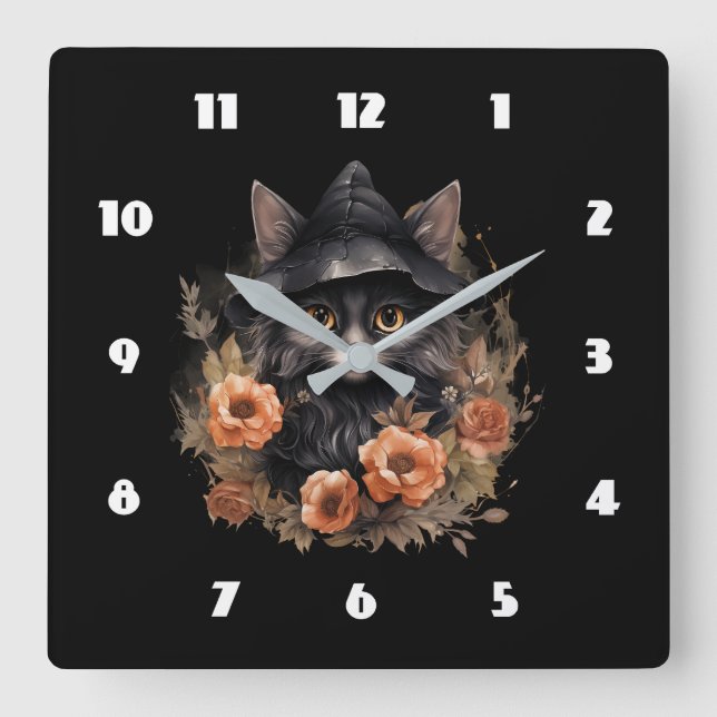 Niedliche schwarze Katze in einem Hexenhut Quadratische Wanduhr (Vorderseite)