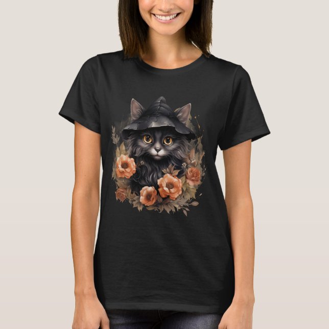 Niedliche schwarze Katze in einem Hexenhut T-Shirt (Vorderseite)