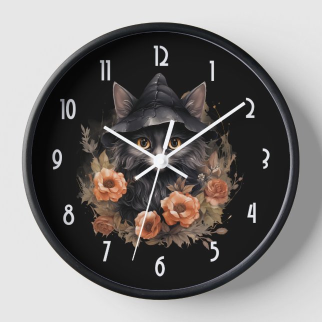Niedliche schwarze Katze in einem Hexenhut Uhr (Vorderseite)