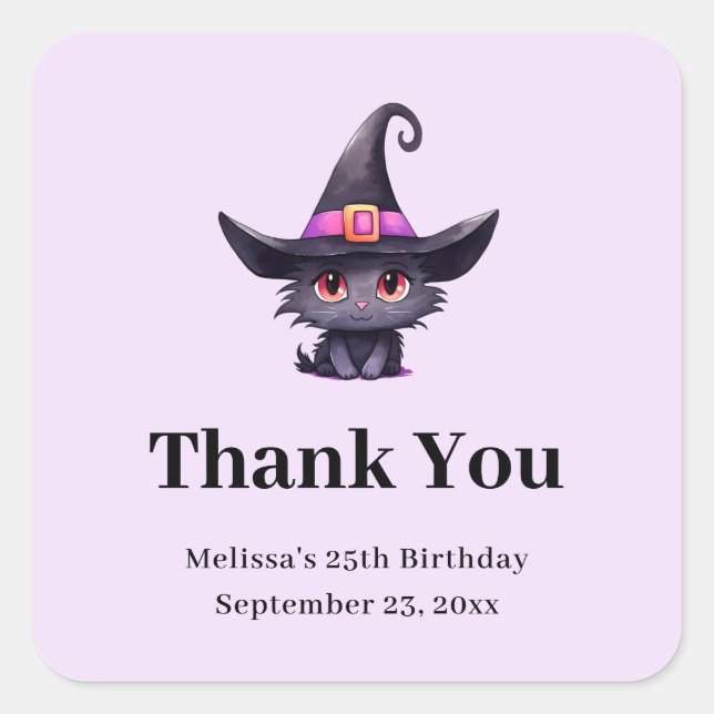 Niedliche schwarze Katze in einer Hexe Hut Danke,  Quadratischer Aufkleber (Vorderseite)