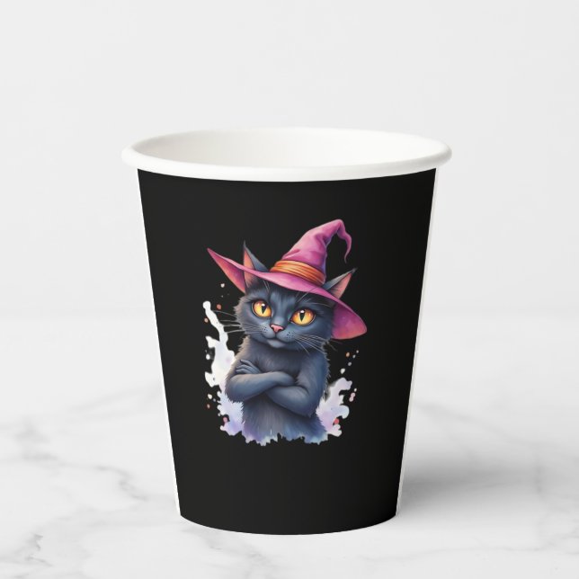 Niedliche schwarze Katze in Hexenhut � magisches H Pappbecher (Vorderseite)
