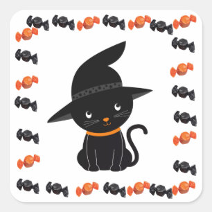 Niedliche schwarze Katze in Hexenhut mit Halloween Quadratischer Aufkleber