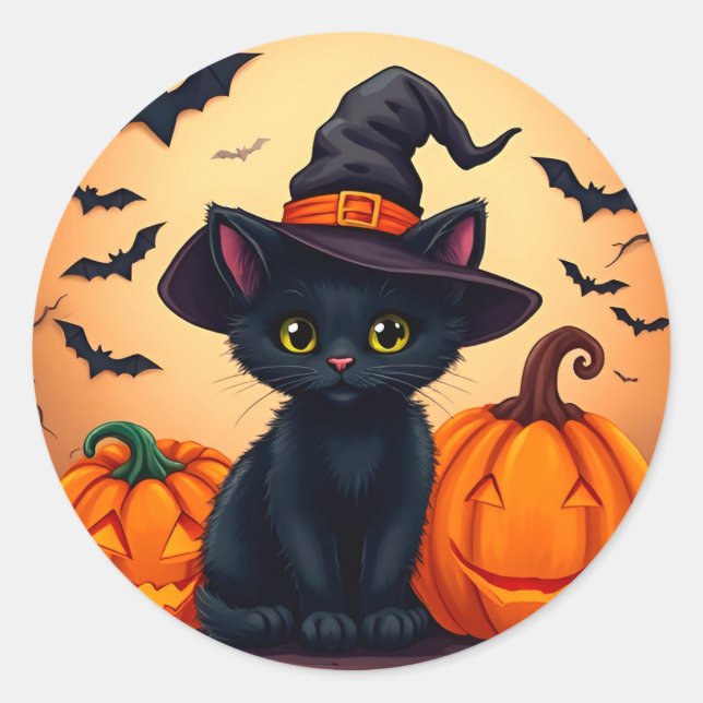 Niedliche schwarze Katze in Hexenhut umgeben von K Runder Aufkleber (Vorderseite)