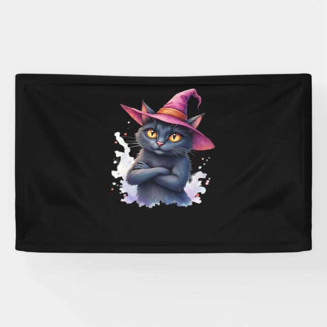 Niedliche Schwarze Katze in Hexenhut - Zauberhafte Banner (Horizontal)