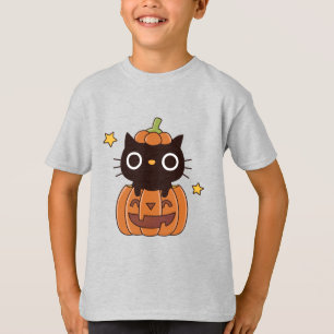 Niedliche schwarze Katze in Pumpkin Carving Happy T-Shirt