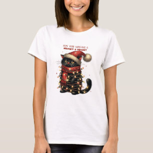 Niedliche schwarze Katze in Weihnachtsbeleuchtung  T-Shirt