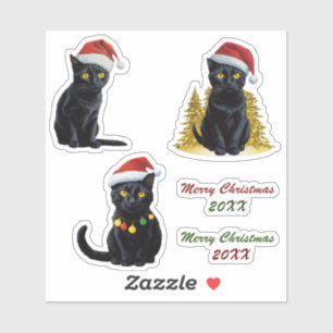 Niedliche Schwarze Katze in Weihnachtsmannmütze Cu Aufkleber