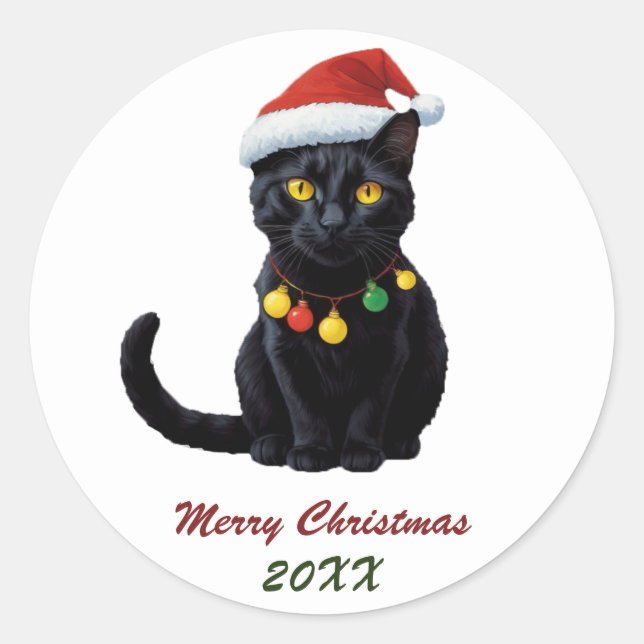 Niedliche Schwarze Katze in Weihnachtsmannmütze Cu Runder Aufkleber (Vorderseite)