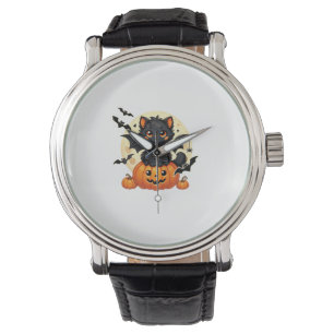 Niedliche schwarze Katze mit Bat Wings Pumpkin Wom Armbanduhr