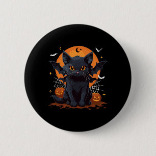 Niedliche schwarze Katze mit Bat Wings Pumpkin Wom Button
