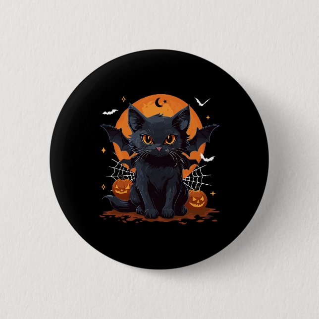 Niedliche schwarze Katze mit Bat Wings Pumpkin Wom Button (Vorderseite)