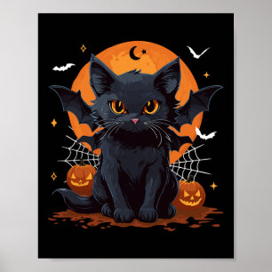 Niedliche schwarze Katze mit Bat Wings Pumpkin Wom Poster
