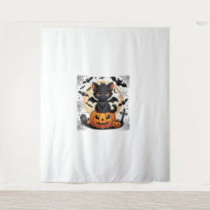 Niedliche schwarze Katze mit Bat Wings Pumpkin Wom Wandteppich