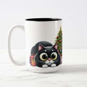 NIEDLICHE SCHWARZE KATZE MIT CHRISTMAS BAUM ZWEIFARBIGE TASSE