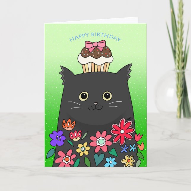 Niedliche schwarze Katze mit Cupcake zum Geburtsta Dankeskarte (Vorderseite)