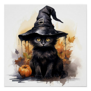 Niedliche schwarze Katze mit einem Big Black Hat Poster