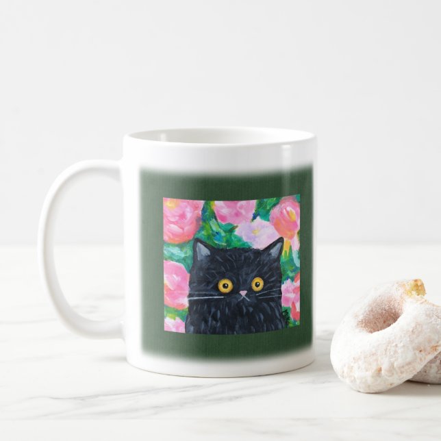 Niedliche Schwarze Katze mit farbenfrohen Blume Ku Kaffeetasse (Mit Donut)