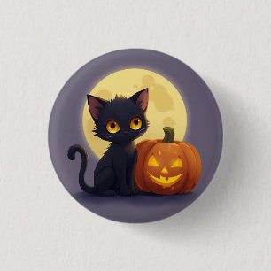 Niedliche schwarze Katze mit glühender Kürbis Button