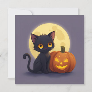 Niedliche schwarze Katze mit glühender Kürbis Einladung