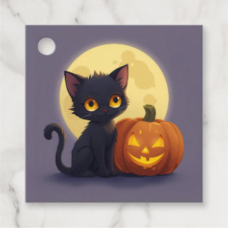 Niedliche schwarze Katze mit glühender Kürbis Geschenkanhänger