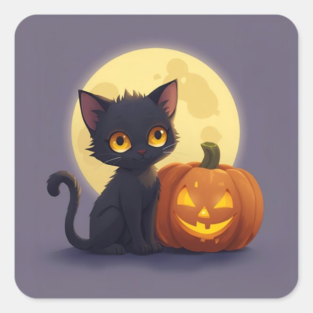 Niedliche schwarze Katze mit glühender Kürbis Quadratischer Aufkleber (Vorderseite)