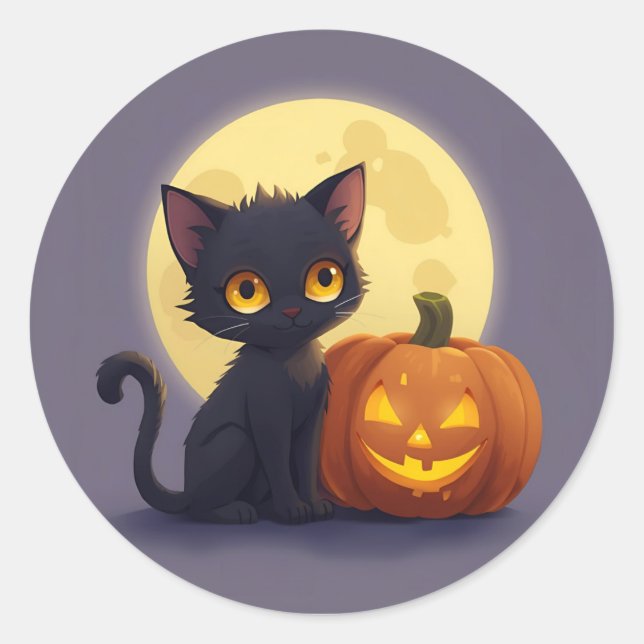 Niedliche schwarze Katze mit glühender Kürbis Runder Aufkleber (Vorderseite)