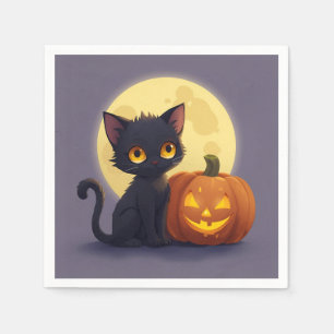 Niedliche schwarze Katze mit glühender Kürbis Serviette