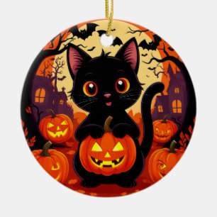 Niedliche Schwarze Katze mit Halloween-Kürbis Keramik Ornament