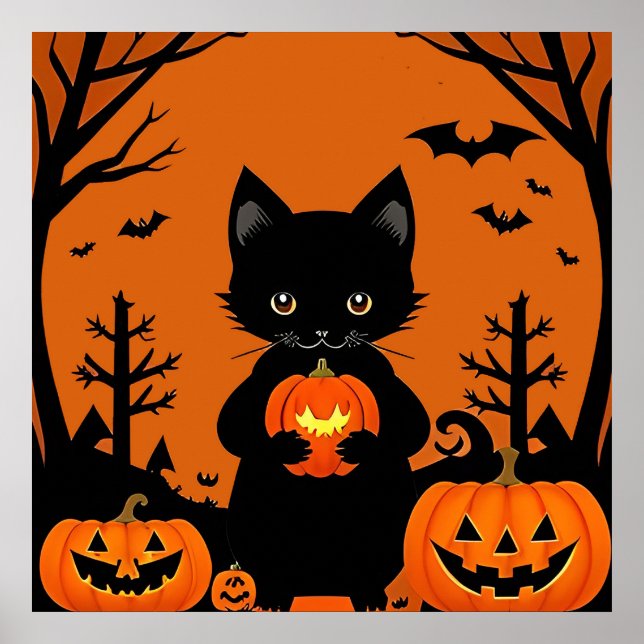 Niedliche Schwarze Katze mit Halloween-Kürbis Poster (Vorne)