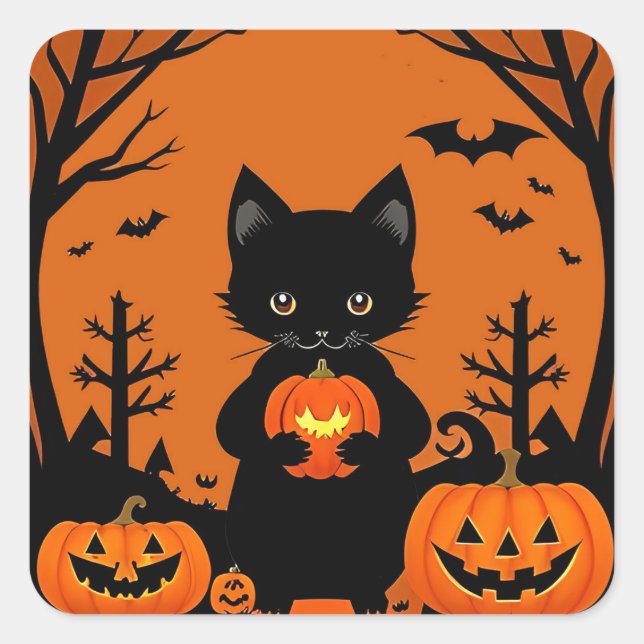 Niedliche Schwarze Katze mit Halloween-Kürbis Quadratischer Aufkleber (Vorderseite)