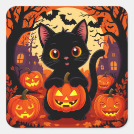 Niedliche Schwarze Katze mit Halloween-Kürbis Quadratischer Aufkleber