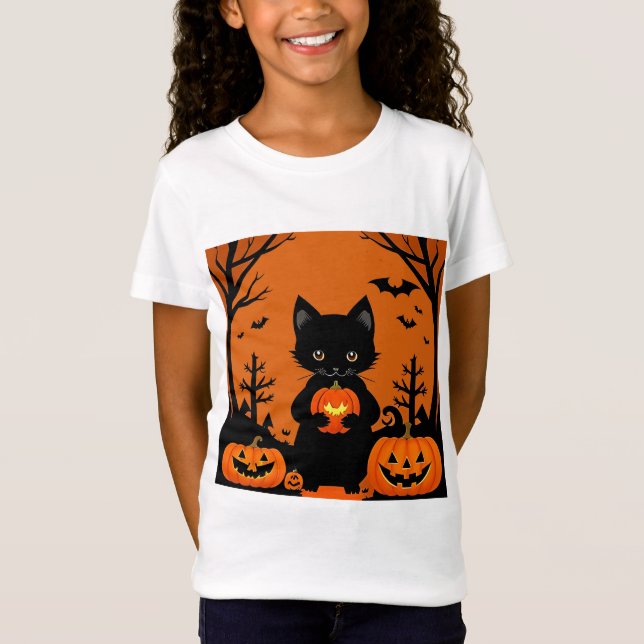 Niedliche Schwarze Katze mit Halloween-Kürbis T-Shirt (Vorderseite)