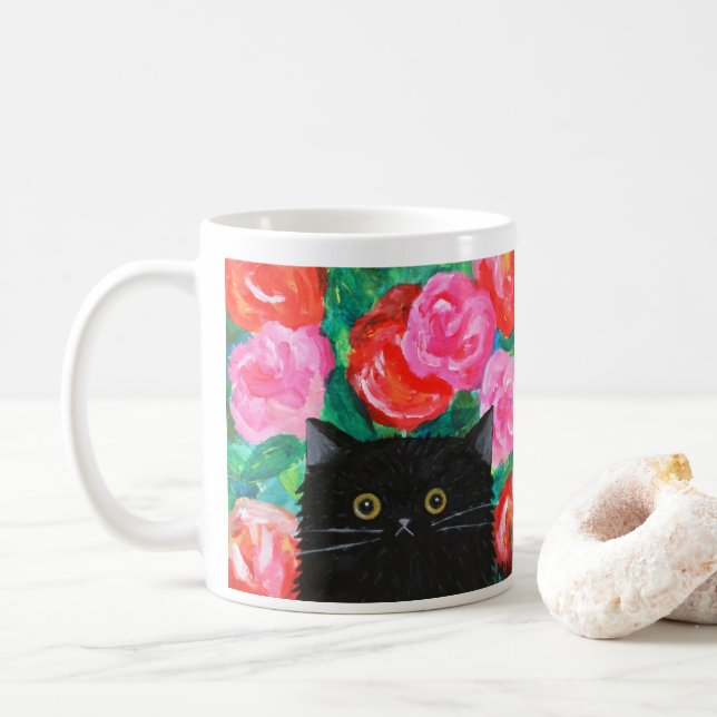 Niedliche Schwarze Katze mit hellen farbigen Blume Kaffeetasse (Mit Donut)
