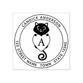 Niedliche schwarze Katze mit Herzmonogramm Gummistempel
