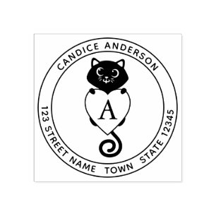 Niedliche schwarze Katze mit Herzmonogramm Gummistempel