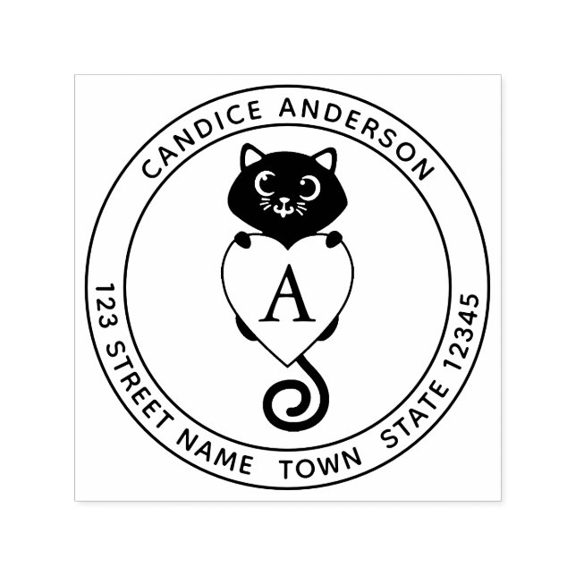 Niedliche schwarze Katze mit Herzmonogramm Permastempel (Design)