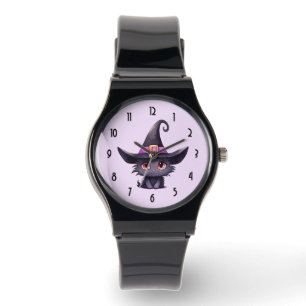 Niedliche schwarze Katze mit Hexenhut Armbanduhr